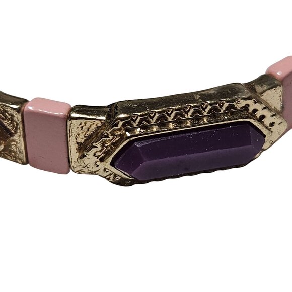 Art Deco Purple Pink Resin Stones Gold Tone Stretch Bracelet Modern Fashion - Picture 3 of 6